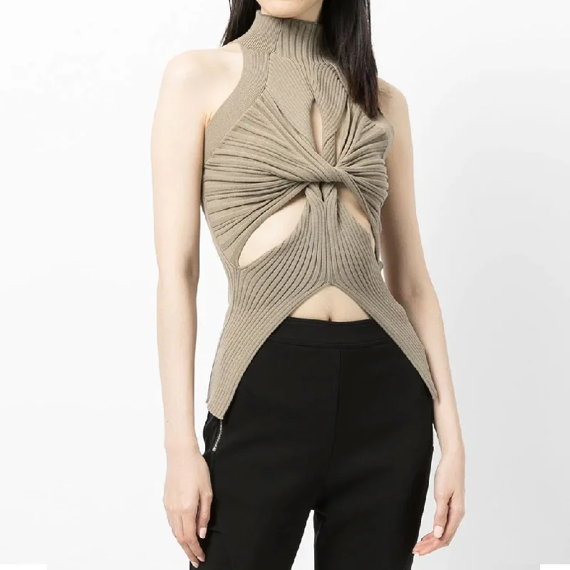 fashionable women’s clothing for evening parties -Edgy Twisted Cutout Front High Neck Racer Back Ribbed Knit Tank Top - Khaki