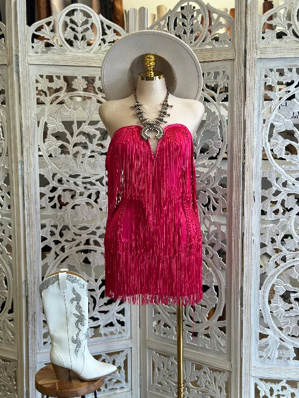 best winter dresses for women’s fashion -Fuchsia ￼Fringe Dress- Stretchy, Estira