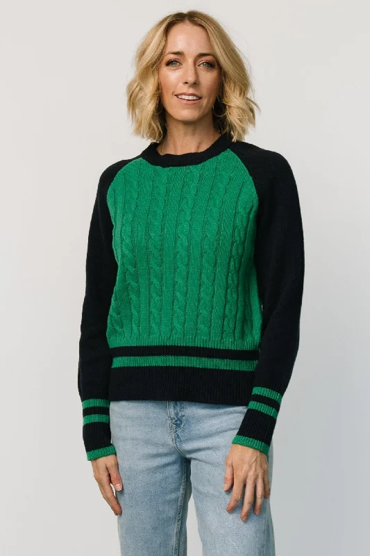 best dresses for women’s summer parties -Marsha Cable Knit Sweater | Green + Navy