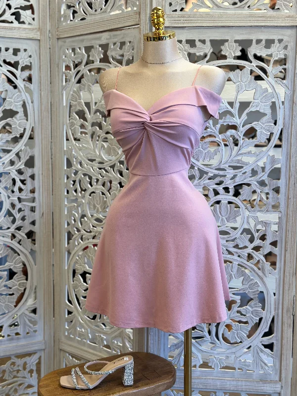 unique fashion styles for women’s office attire -Off Shoulder Fit and Flare Mauve Dress- Stretchy, Estira