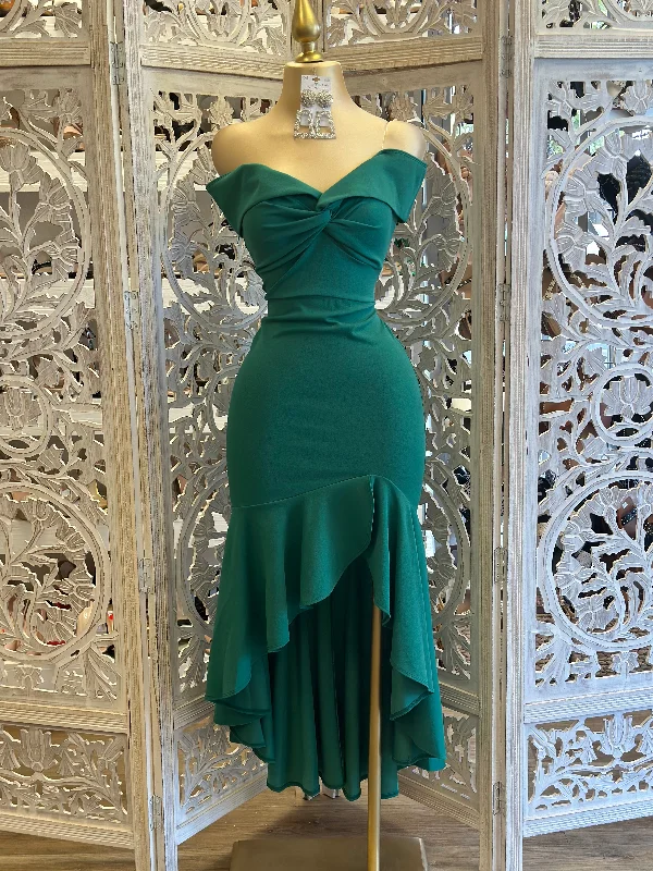 trendy tops for women’s casual wear -Off Shoulder Ruffle Draped Dress Hunter Green