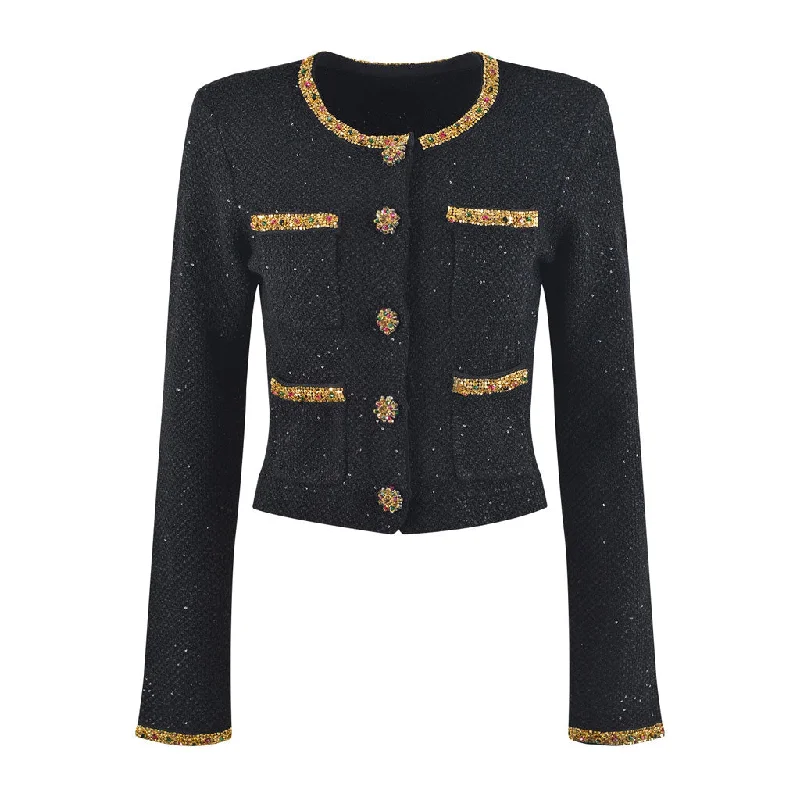 best clothing for women’s special events -Opulent Crystal Trim Crew Neck Button Up Cropped Wool Knit Sequin Cardigan