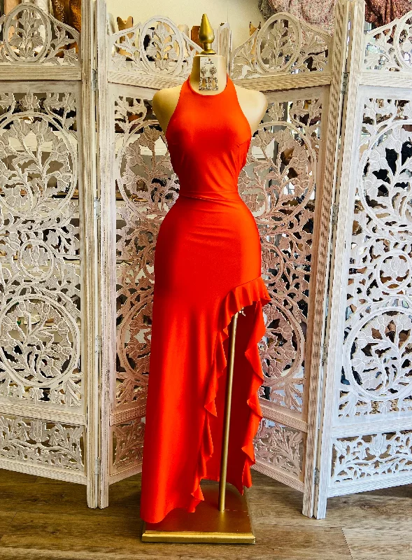 fashionable women’s clothing for evening parties -Orange Red Ruffled Mock Neck Dress