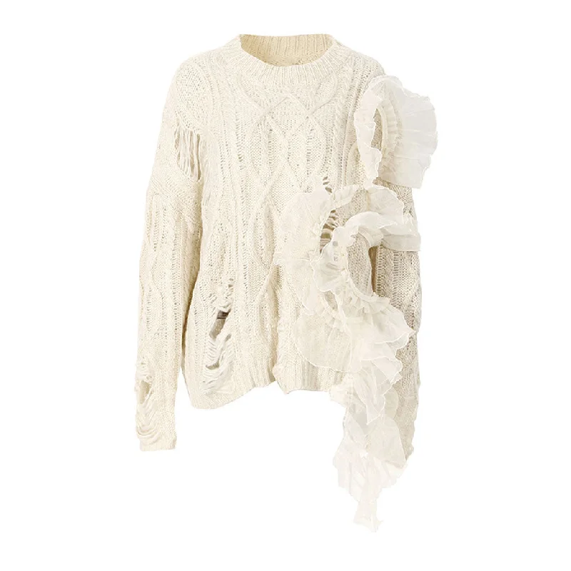 chic outerwear for women’s office style -Oversized Ruffle Trim Distressed Detail Round Neck Fisherman Cable Knit Sweater