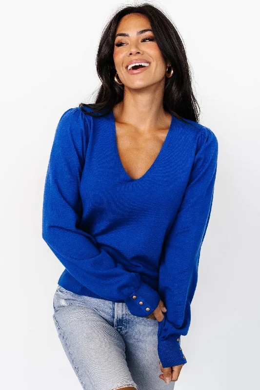 fashionable dresses for women’s date nights -Sheila V Neck Sweater Top | Cobalt