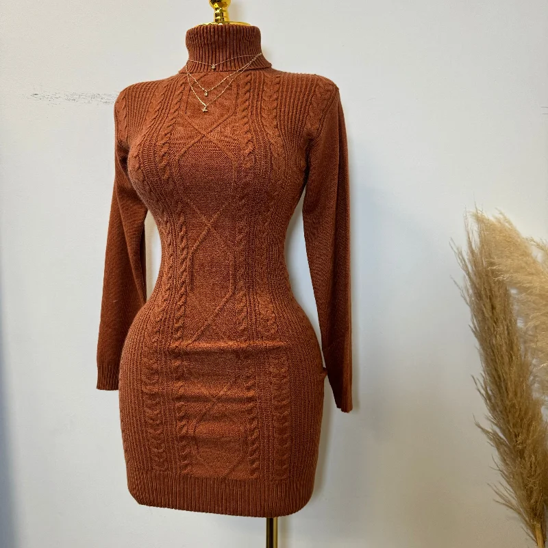 affordable summer clothing for women -Tu Turtle Neck Sweater Dress-Rust