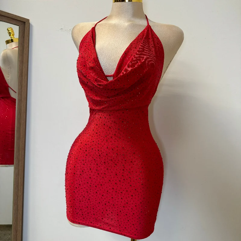 chic outerwear for women’s office style -Cowl Rhinestone Dress-Red