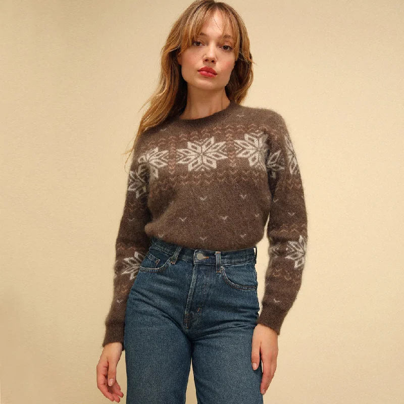 best sweaters for women’s winter fashion -Vintage Snowflake Jacquard Mohair Knit Pullover Sweater - Coffee