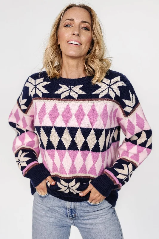 comfortable loungewear for women -Zermatt Sweater | Navy + Pink Print