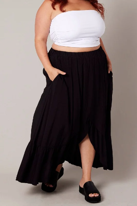 trendy skirts for women’s casual wear -Black Frill Maxi Skirt With Pockets