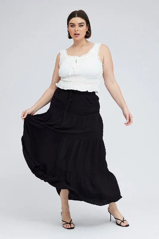 trendy clothing for women’s casual days -Black Maxi Skirt Tie Elastic Waist Textured