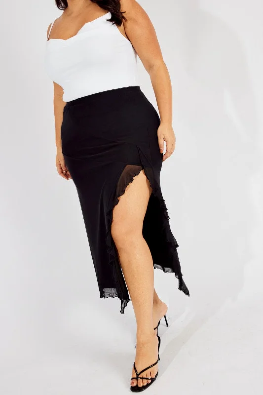 cute women’s skirts for weekend fashion -Black Mesh Frill Panel Skirt