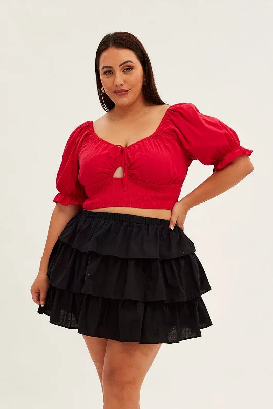 unique women’s clothing for stylish looks -Black Skater Skirt Ruffle Cotton Mini