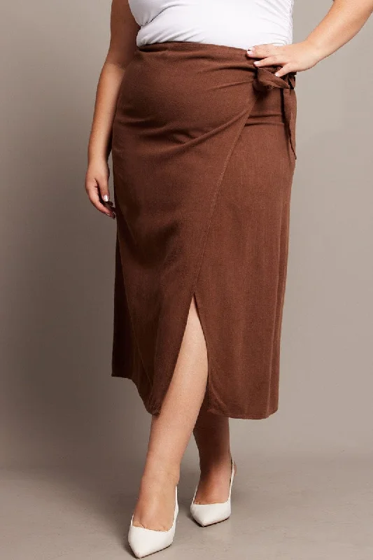 fashionable women’s tops for office style -Brown Faux Wrap Linen Blend Midi Skirt