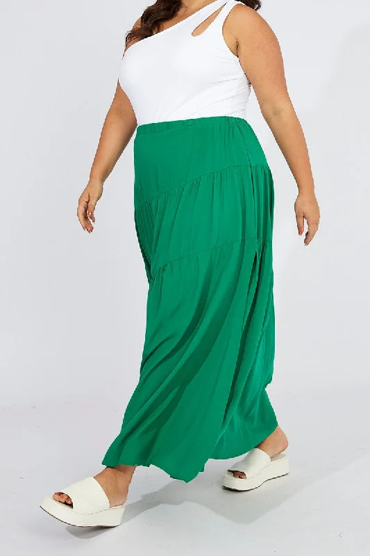 best pants for women’s office attire -Green Elastic Waist Maxi Skirt Front Split