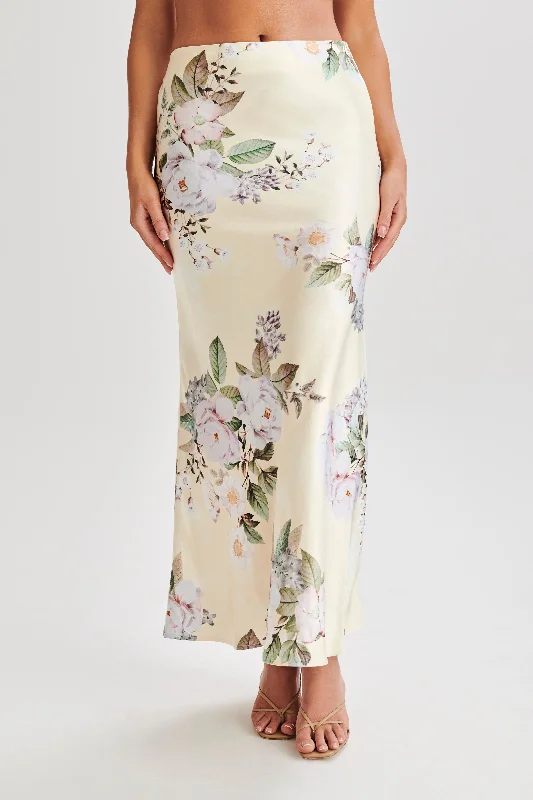 unique jackets for women’s evening wear -Karley Floral Satin Midi Skirt - Lemon Floral Print