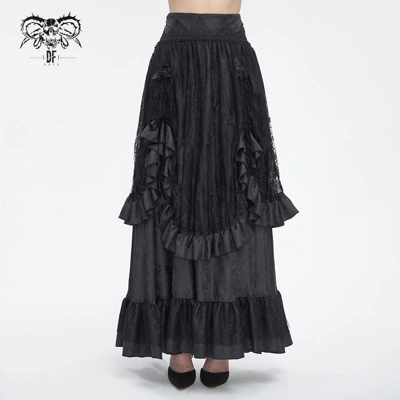 trendy summer dresses for women -Women's Gothic Drawstring Ruffled Lace Skirt