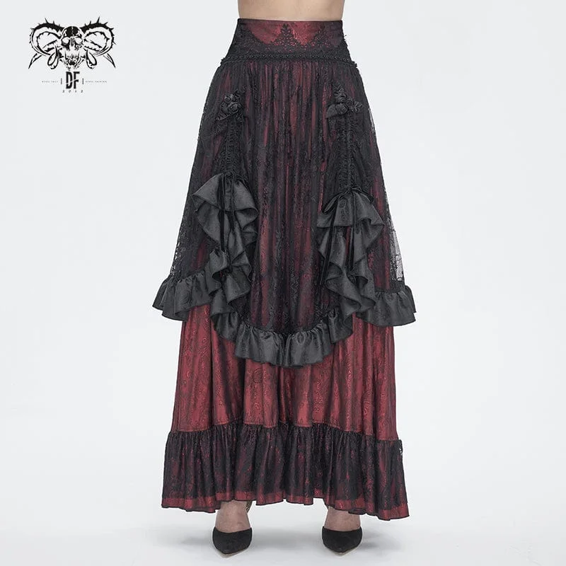 elegant dresses for women’s cocktail parties -Women's Gothic Drawstring Ruffled Red Lace Skirt