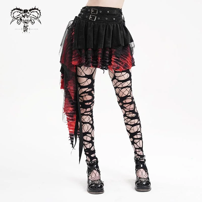 best women’s pants for daily fashion -Women's Gothic Eyelets Mesh Irregular Hem Skirt Black Red