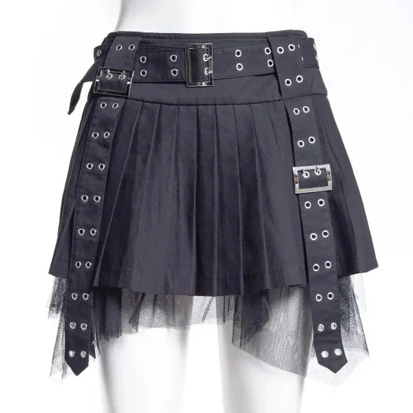 fashionable women’s clothing for all seasons -Women's Punk Eyelet Buckled Pleated Skirt